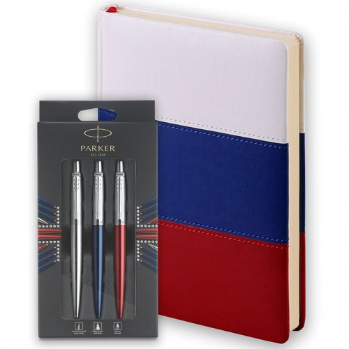 Набор Parker Jotter London Trio: гелевая ручка Red CT + шариковая ручка Blue CT + карандаш Stainless Steel CT и ежедневника триколор в Челябинске